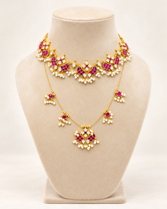 Roselle Layered Pendant Ensemble — Pink